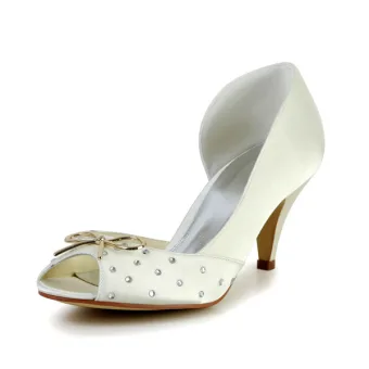 Sparkly Peep Toe Open Side Mid Heels Satin Bridal Wedding Shoes With Metal Bow Knot