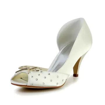 Sparkly Peep Toe Åpne Side Midten Hæler Gull Sateng Brudesko Med Metall Sløyfe Knute