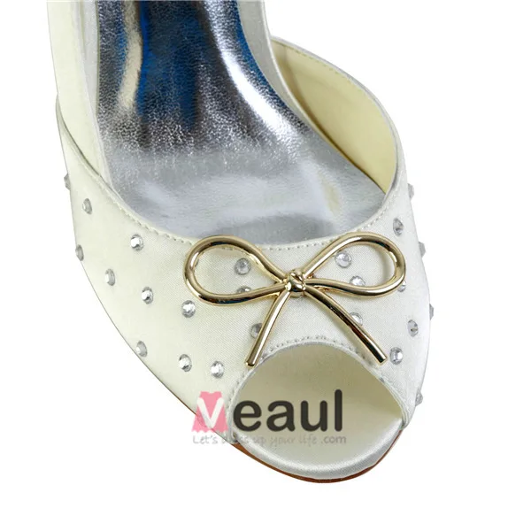 Sparkly Peep Toe Open Side Mid Heels Satin Bridal Wedding Shoes With Metal Bow-knot