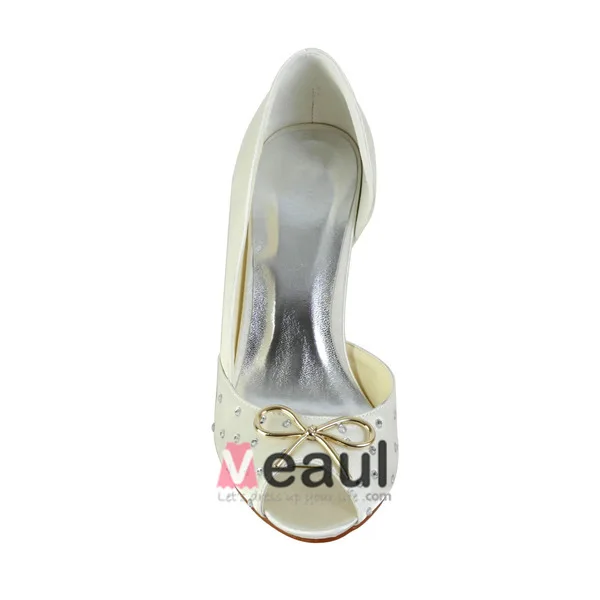 Sparkly Peep Toe Open Side Mid Heels Satin Bridal Wedding Shoes With Metal Bow-knot