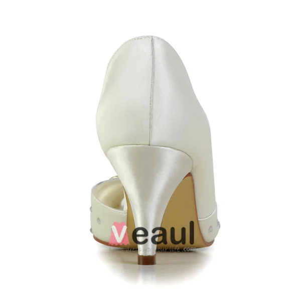 Sparkly Peep Toe Open Side Mid Heels Satin Bridal Wedding Shoes With Metal Bow-knot