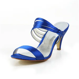 Kvinnors Peep Toe Strappy Mitten Klackar Kungsblå Satin Slingbacks