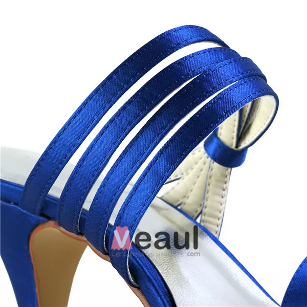 Kvinnors Peep Toe Strappy Mitten Klackar Kungsblå Satin Slingbacks