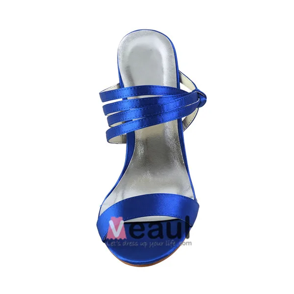 Kvinnors Peep Toe Strappy Mitten Klackar Kungsblå Satin Slingbacks
