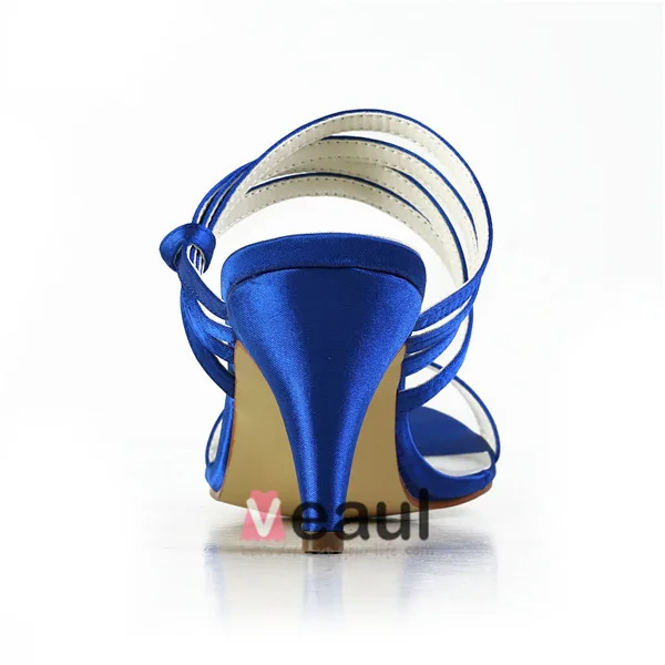 Kvinnors Peep Toe Strappy Mitten Klackar Kungsblå Satin Slingbacks