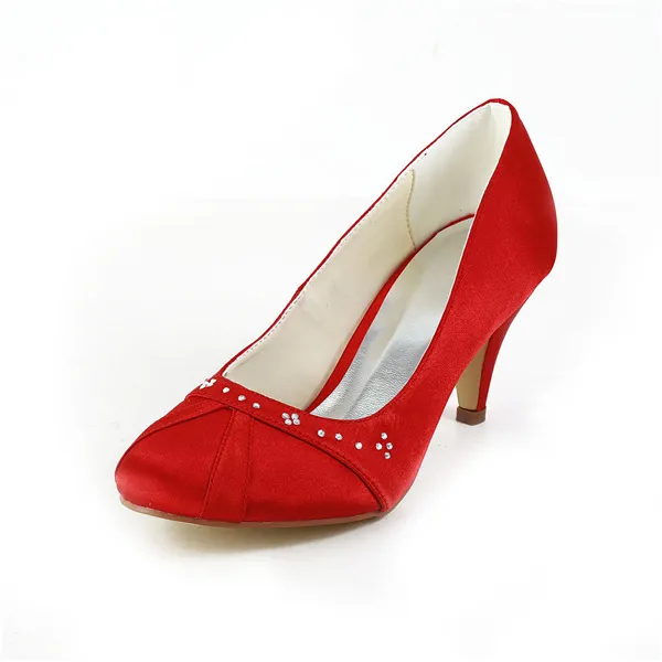 Simple Round Toe Mid Heels Red Satin Pumps Shoes With Rhinestone