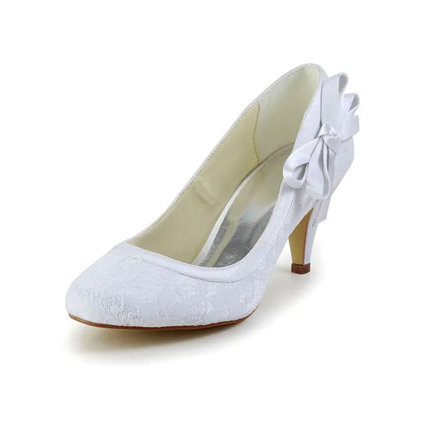 Elegant Round Toe Mid Heels White Lace Pumps Bridal Wedding Shoes With Bow