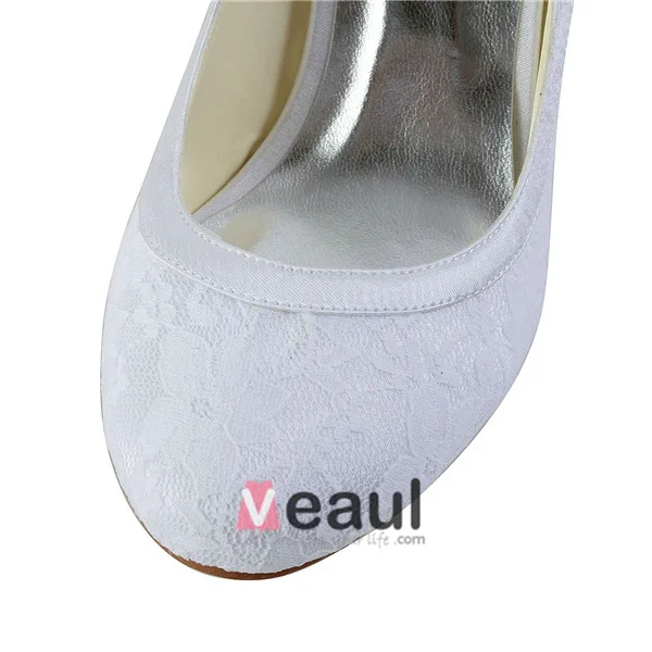 Eleganckie Okrągłe Toe Połowie Obcasy Białe Koronki Pumps Buty Ślubne Ślub Z Kokarda