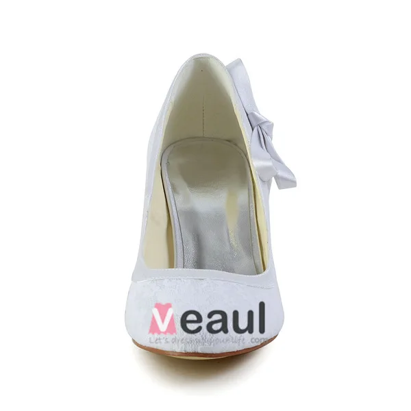Eleganckie Okrągłe Toe Połowie Obcasy Białe Koronki Pumps Buty Ślubne Ślub Z Kokarda