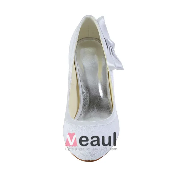 Eleganckie Okrągłe Toe Połowie Obcasy Białe Koronki Pumps Buty Ślubne Ślub Z Kokarda
