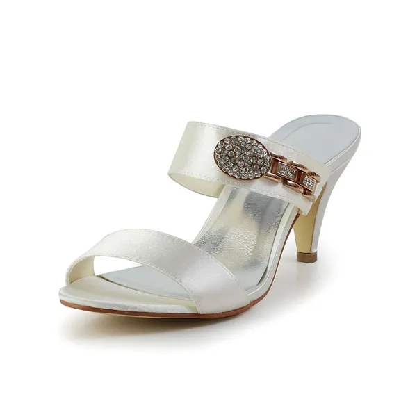 Fashion Strappy Heels Ivory Satin Bridal Wedding Shoes With Rhinestone