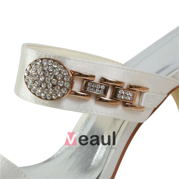 Fashion Strappy Heels Ivory Satin Bridal Wedding Shoes With Rhinestone