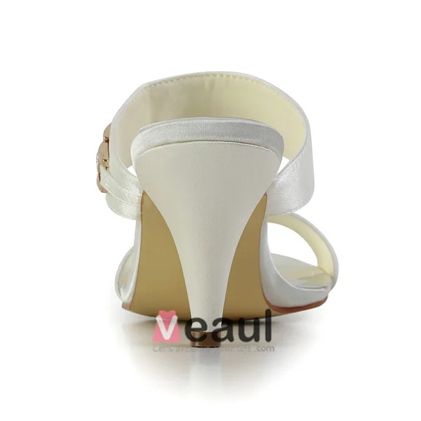 Fashion Strappy Heels Ivory Satin Bridal Wedding Shoes With Rhinestone
