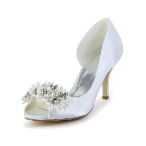 Vakre Hvite Brudesko 3 Tommers Stiletto Hæler Sateng Pumps Med Håndlagde Blomster