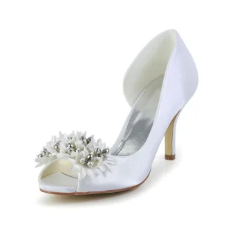 Beautiful White Bridal Shoes 3 Inch Stiletto Heels Satin Pumps With Handmade Flowers