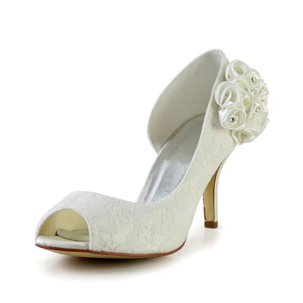 Elegant Ivory Bridal Shoes Peep Toe Stiletto Heels Lace Pumps With Flower