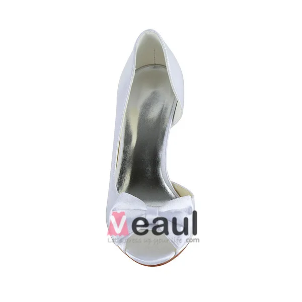 Chique Witte Bruidsschoenen Naaldhakken Peeptoe Satijnen Pumps Met Strik