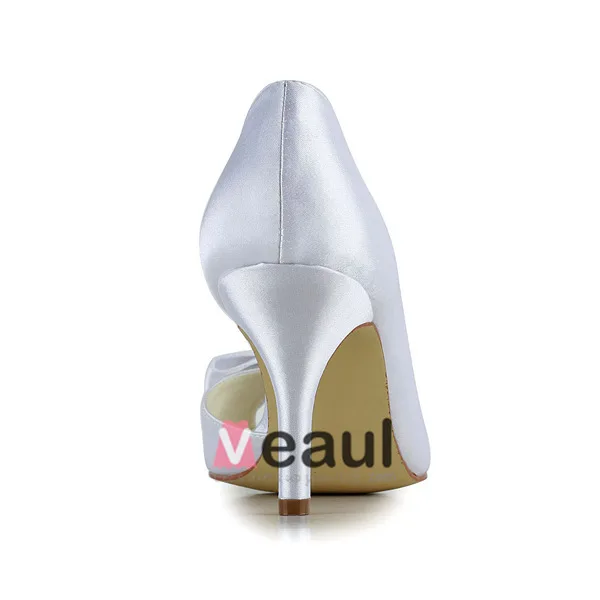 Chique Witte Bruidsschoenen Naaldhakken Peeptoe Satijnen Pumps Met Strik
