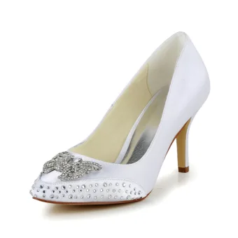 Vakre Hvite Brudesko Stiletto Hæl Pumps Med Rhinestone Butterfly