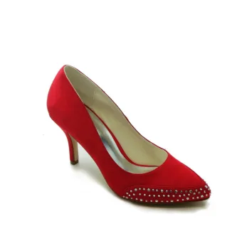 Modest Red Bridal Wedding Shoes Stiletto Heel Satin Pumps Pointed Toe With Rhinestone