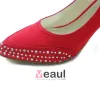 Modest Red Bridal Wedding Shoes Stiletto Heel Satin Pumps Pointed Toe With Rhinestone