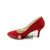 Modest Red Bridal Wedding Shoes Stiletto Heel Satin Pumps Pointed Toe With Rhinestone