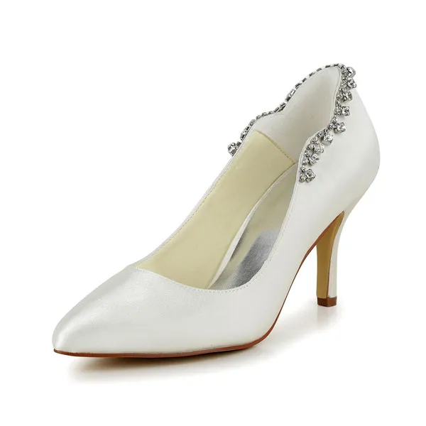 Chic White Bridal Wedding Shoes Pointed Toe Stilettos Pumps With Rhinestone