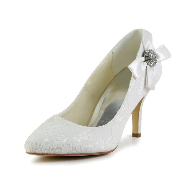Elegant Stiletto Heels 3 Inch Pumps White Lace Bridal Shoes With Rhinestone Bow
