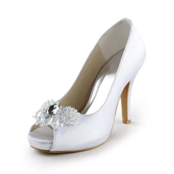 Elegant White Bridal Shoes Satin Peep Toe Stilettos Pumps With Crystal