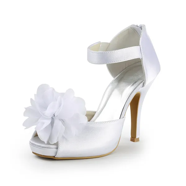 Glamorosas Blancos Zapatos De Novia De Satén Peep Toe Sandalias Con Flores Grandes De Color
