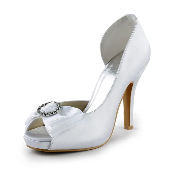 Belles Chaussures De Mariée Blanc En Satin Stilettos Latérales Ouvertes Escarpins Avec Strass