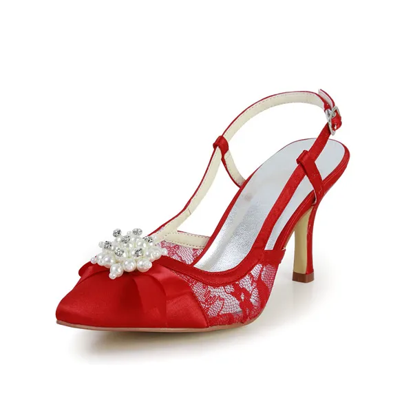 Beautiful Red Wedding Shoes Lace Stilettos Sandals Slingbacks With Pearl Jewelry