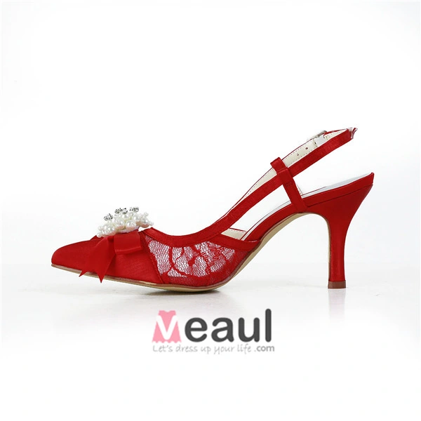 Chinese style Red Lace Flower Pearl Wedding Shoes 2021 Ankle Strap 9 cm  Stiletto Heels Pointed Toe Wedding Sandals