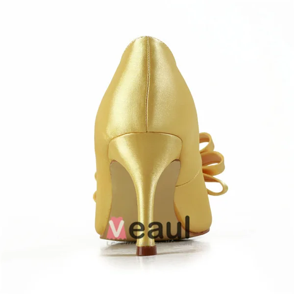 Chic Gold Wedding Shoes Satin Stilettos Pumps With Bow