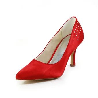 Simple Red Formal Shoes Satin Stilettos Pumps With Rhinestone