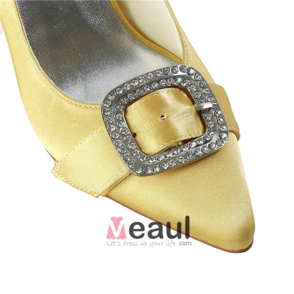 Klassisk Gull Formelle Sko Satin Stiletter Pumps Med Rhinestone Smykker