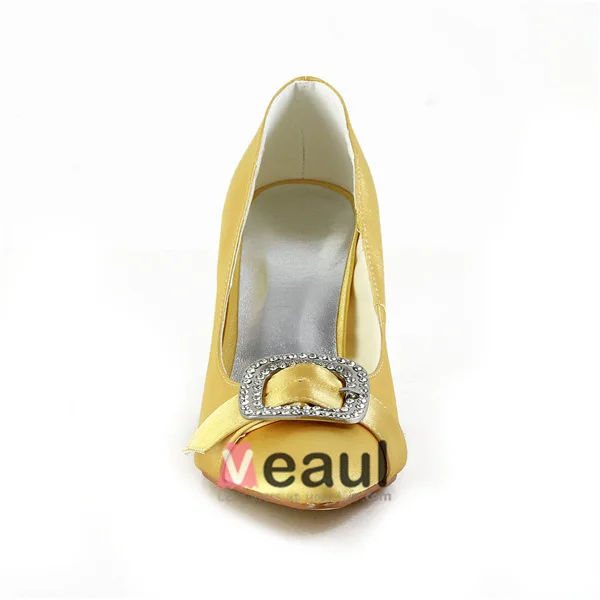 Klassisk Gull Formelle Sko Satin Stiletter Pumps Med Rhinestone Smykker