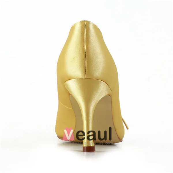 Klassisk Gull Formelle Sko Satin Stiletter Pumps Med Rhinestone Smykker