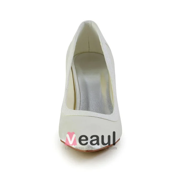 Enkle Elfenben Brudesko Satin Stiletter Pumps Med Glitter