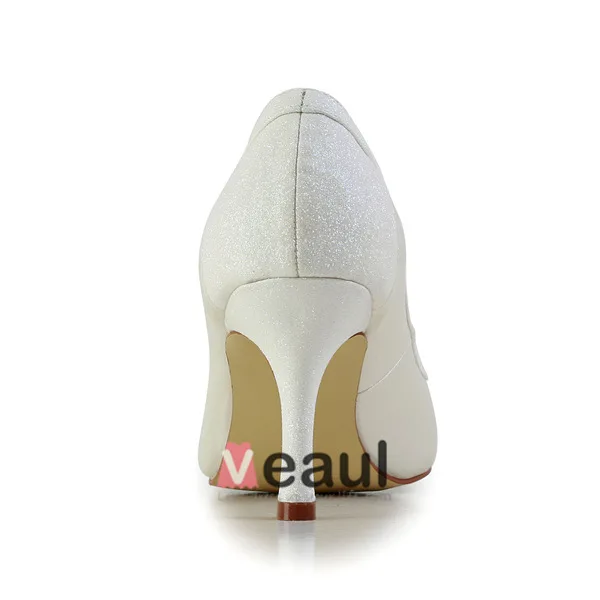 Enkle Elfenben Brudesko Satin Stiletter Pumps Med Glitter