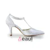 Elegant White T-strap Wedding Shoes Satin Stilettos Sandals With Rhinestone Ankle Strap