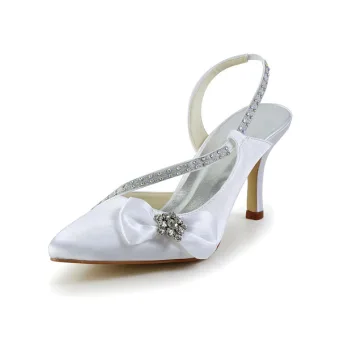 Vakre Hvite Brudesko Sateng Stilettos Sandaler Slingbacks Med Rhinestone Bow