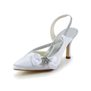Beautiful White Wedding Shoes Satin Stilettos Sandals Slingbacks With Rhinestone Bow