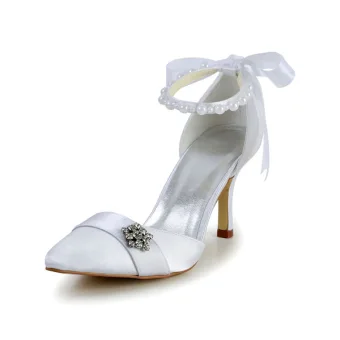 Princess White Wedding Shoes Satin Stilettos Sandals With Ribbon Tie Pearl Ankle Strap