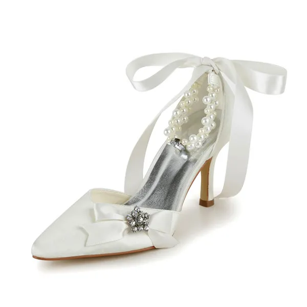 Elegant Ivory Wedding Shoes Stiletto Heels Sandals With Pearl Ankle Strap