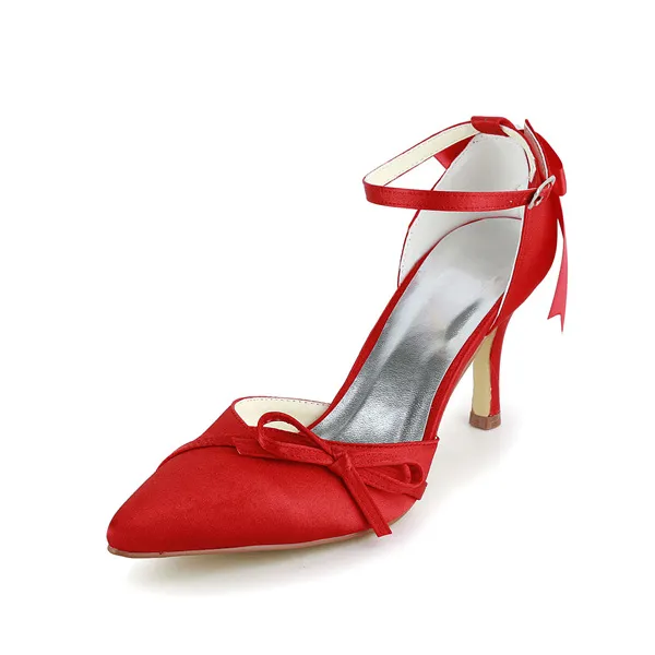 Simple Red Wedding Shoes Satin Stiletto Heels With Bow Jewelry Ankle Strap