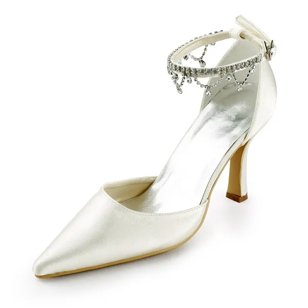 Glamorous Ivory Wedding Shoes Satin Stilettos Pumps With Rhinestone Ankle Strap