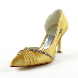 Glamorös Guld Brudskor Satin Stilettos Pumps Med Strass