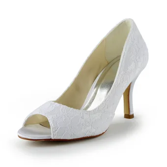 Classic Lace Bridal Shoes White Peep Toe Stiletto Heel Pumps