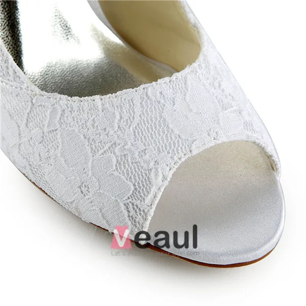 Klassiske Blonder Brudesko Hvit Peep Toe Stiletthæler Pumps